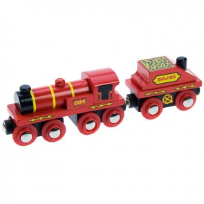 Velika rdeča lokomotiva z vagonom za premog